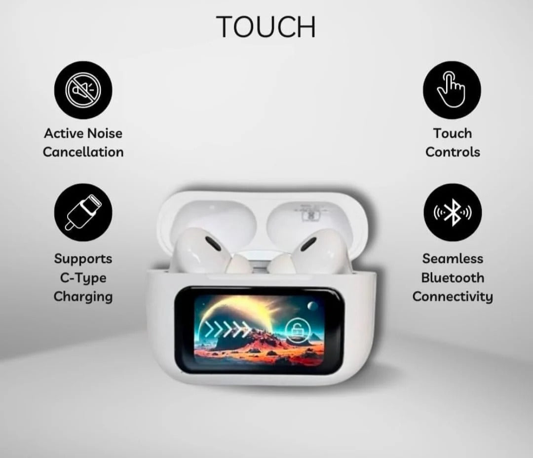 Airpods Pro With Touch Display – ANC and Transparency | Touch Volume Control Digital Screen Smooth Display Games | (color white)