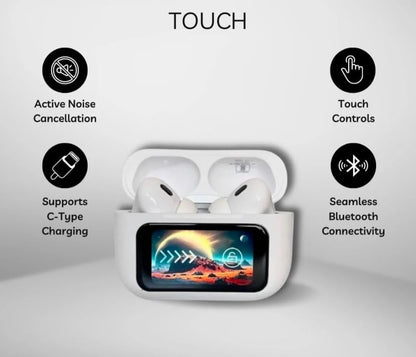 Airpods Pro With Touch Display – ANC and Transparency | Touch Volume Control Digital Screen Smooth Display Games | (color white)