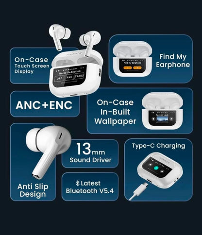 Airpods Pro With Touch Display – ANC and Transparency | Touch Volume Control Digital Screen Smooth Display Games | (color white)